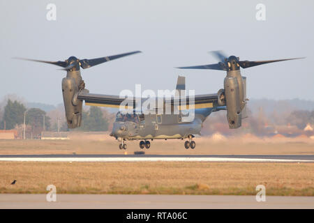 USAF CV-22B Osprey abfliegen und Klettern in der Dämmerung aus der RAF Mildenhall. Die 7 Special Operations Squadron ist der Europäische Betreiber des Art. Stockfoto