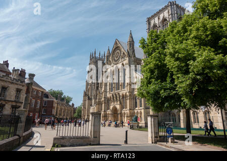 York Minster (ehemals Kathedrale und Metropolitical Kirche St. Peter in York) gesehen von Minster Hof, Stadt York, UK. Stockfoto