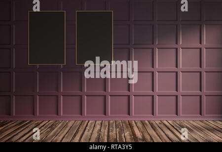 3d-Rendering-Illustration des Wohnzimmers mit Luxus-dunkelvioletten Holz Wandpaneel, Parkett und schwarz mattierten Leinwand in Gold Rahmen. Stockfoto
