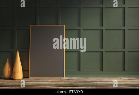 3d-Rendering Illustration des Wohnzimmers mit Luxus dunkelgrünen Holz Wandpaneel, Parkett, schwarze Leinwand in Gold Rahmen und Mode goldene Vase Stockfoto