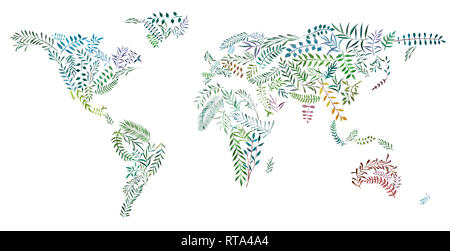 2d Hand gezeichnet Abbildung der Weltkarte. Erde Kontinente von Aquarell Blätter und Zweige. Bunte Kontinente auf weißem Hintergrund. Ecolo Stockfoto