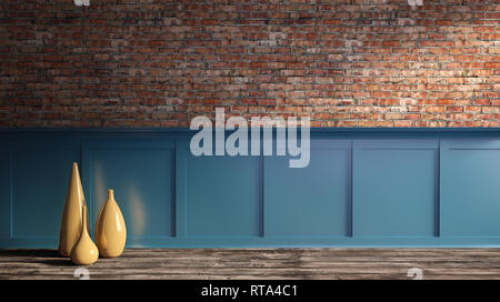 3D Rendering Illustration der moderne Loft am sonnigen Morgen. Grobe Red brick wall, Parkettboden, klassische Deep Blue Panel mit moldi Stockfoto