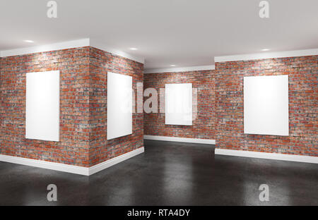 Moderne Galerie Zimmer mit richtstrahler und Poster frames. Produkt artwork Ausstellung mock up. Weiße Leinwände. 3D Rendering Illustration des int Stockfoto