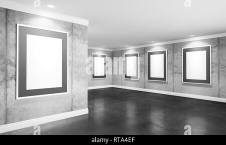 Moderne Beton Galerie Zimmer mit richtstrahler und Frames. Produkt artwork Ausstellung mock up. Weißes art Frames mit schwarzem Passepartout. 3d-r Stockfoto