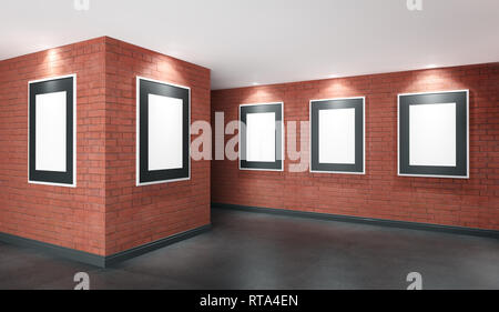 Moderne Galerie Zimmer mit richtstrahler und Poster frames. Produkt artwork Ausstellung mock up. Weißes art Frames mit schwarzem Passepartout. 3d-ren Stockfoto