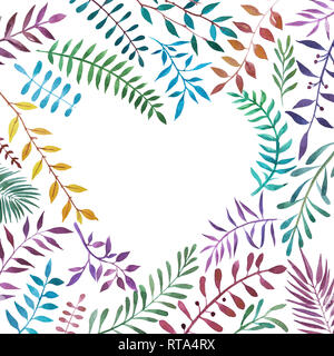 Hand gezeichnet Aquarell Abbildung: Botanische Filialen. Dekorative Rahmen in Form von Herzen, für die Hochzeit Einladungen, Valentinstag Grußkarte. Stockfoto