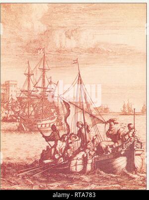 La fuite de Jacques II en France. Gravure hollandaise de la fin du XVII e siècle. Le roi déchu se réfugie auprès de Louis XIV qui tentera vainement de Stockfoto