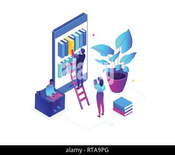 Online - Moderne bunte isometrische Vector Illustration lesen Stock Vektor