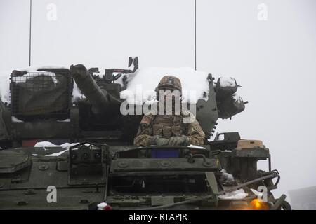 Us-Soldaten auf das erste Geschwader zugewiesen, zweite Cavalry Regiment "Krieg Eagles", Einführung von 35 Baumholder Manöver, für einen situativen Übung in einem Stryker Infanterie Trägerfahrzeug. Baumholder, Deutschland am 01 Februar, 2019 Stockfoto