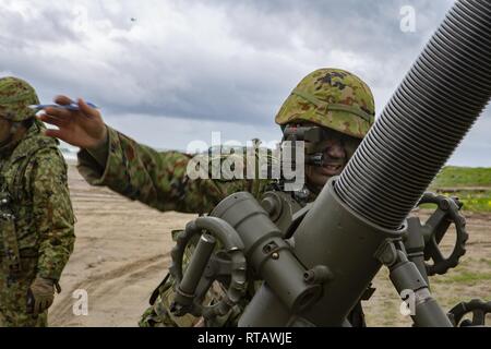 Japan Masse Verteidigung-kraft (JGSDF) Soldat überprüft die Sehenswürdigkeiten von einer 120 mm Mörser während einer amphibischen Landung Übung für Eiserne Faust2019, 24.02.4, US Marine Corps Base Camp Pendleton, Ca. Übung Iron Fist ist eine jährliche, multilateralen Ausbildung Übung, in der US-amerikanischen und japanischen Service Mitglieder trainieren gemeinsam und teilen Techniken, Taktiken und Verfahren der operativen Fähigkeiten zu verbessern. Stockfoto