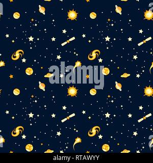 Nahtlose Muster mit Platz: Sterne, Raketen, Planeten; Vector Illustration Stock Vektor