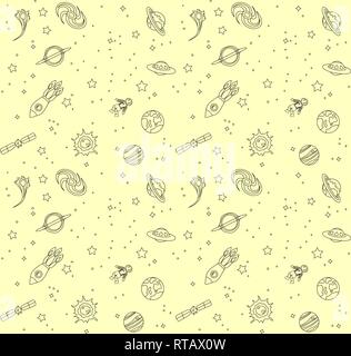 Nahtlose Muster mit Platz: Sterne, Raketen, Planeten; Vector Illustration Stock Vektor