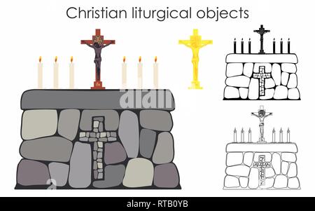Christliche liturgische Gegenstände und Tisch aus Stein. Schwarz füllen. Umrisse nur. Stock Vektor