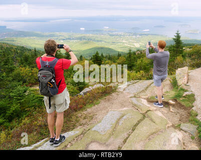 Besucher, die Bilder von Frenchman Bay mit ihren Handys vom Cadillac Mountain in Acadia National Park, Maine, USA. Stockfoto