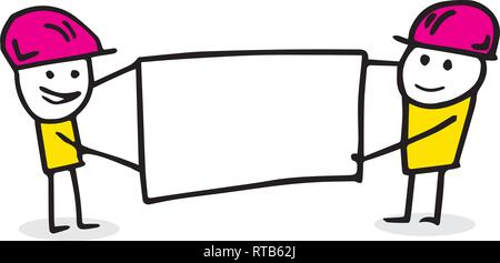 Zwei Strichmännchen Bauarbeiter holding Blank Board. Stock Vektor