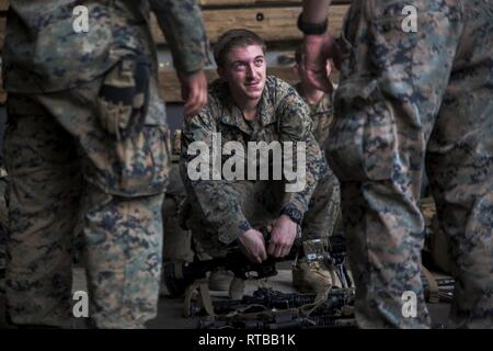 Lance Cpl. Heide Holmes, ein rifleman und Designated marksman mit Alpha Company, Bataillon Landung Team, 1.BATAILLON, 4 Marines, bereitet eine M4 Carbine an Bord der Station Landung Schiff USS Ashland (LSD 48), Philippine Sea, Feb 2, 2019 zu reinigen. Holmes, ein Eingeborener von Port Neches, Texas, graduiert von Port Enches Waldungen High School im Mai 2017, bevor er vom Recruiting Station Houston im August des gleichen Jahres. Alpha Company ist das kleine Boot raid-Unternehmen mit BLT 1/4, Bodenkampf Element für die 31 Marine Expeditionary Unit. Die 31. MEU, das Marine Corps' nur kontinuierlich vorwärts - Stockfoto