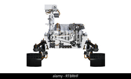 Mars Rover, automatisierte Platz motor Fahrzeug auf weißem Hintergrund, Vorderansicht, 3D-Darstellung Stockfoto