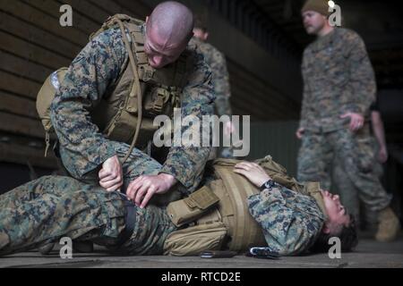 Lance Cpl. Harrison Rakhshani, eine Bekämpfung der Fotograf mit der 31 Marine Expeditionary Unit, gilt eines Stauschlauches während einem Kampf Lebensretter Kurs an Bord der USS Ashland (LSD 48), unterwegs in der East China Sea, 13.02.2019. Rakhshani, ein Eingeborener von Huntington Beach, Kalifornien, graduiert von Edison an der High School im Juni 2016, bevor er im August 2017. Die 31. MEU, das Marine Corps' nur kontinuierlich vorwärts - bereitgestellt MEU partnering mit dem Wasp amphibischen bereit, Gruppe, bietet eine flexible und tödlicher Gewalt bereit, eine breite Palette von militärischen Operationen als Premier Krise respons durchführen Stockfoto