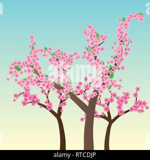 Cherry Blossom, Blumen von Sakura, Baum, Brunch, blauer Himmel, Frühling Hintergrund, Vector Illustration Stock Vektor