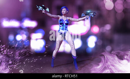 Cyborg Girl Bewaffnet mit Waffen, weiblichen Kampf Roboter Schießen Kanonen, sci-fi android Frau in der Nacht city street, 3D-Rendering Stockfoto