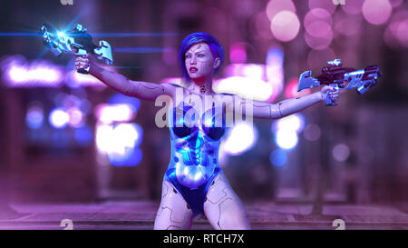 Cyborg Girl bewaffnet mit Gewehren, weiblichen Kampf Roboter schießen, sci-fi android Frau auf der Nacht city street, 3D-Rendering Stockfoto