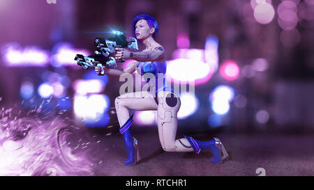 Cyborg Girl bewaffnet mit Gewehren kniend, weiblichen Kampf Roboter schießen, sci-fi android Frau in der Nacht city street, 3D-Rendering Stockfoto