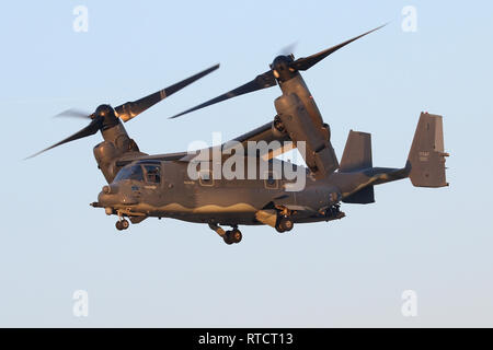 USAF CV-22B Osprey abfliegen und Klettern in der Dämmerung aus der RAF Mildenhall. Die 7 Special Operations Squadron ist der Europäische Betreiber des Art. Stockfoto