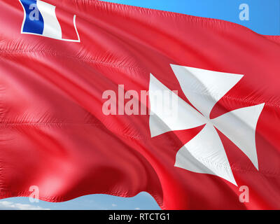 Flagge von Wallis und Futuna winken im Wind gegen den tiefblauen Himmel. Hochwertige Qualität aus. Stockfoto