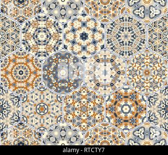 Helle nahtlose Muster der sechseckige Fliesen mit Vintage Ornament. Bunte Vektor Elemente für die Gestaltung von Tapeten, Stoff oder Geschenkpapier. Stock Vektor