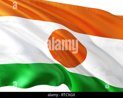 Flagge Niger winken im Wind, isolierten weißen Hintergrund. 3D-rendering Gewebe. Stockfoto