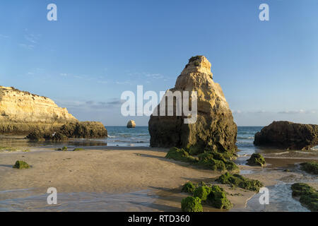 Felsformationen an der Praia da Rocha, Portimao, Algarve, Portugal. Am späten Nachmittag des sonnigen Sommertag. Stockfoto