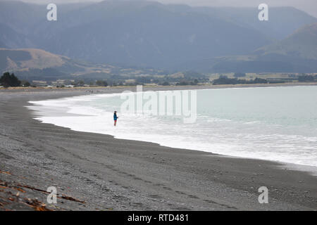 Fischer auf Kaikoura schwarz grau Kieselstrand mit Treibholz Neuseeland Südinsel Stockfoto