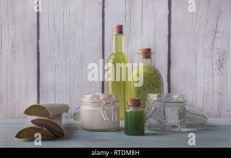 Hausgemachte Aloe Vera Wellness mit natürlichen Zutaten, Gesicht Creme, Seife, Badesalz und Gesichtswasser Stockfoto