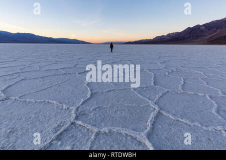 Frau Wandern auf Salz Pan Am Badwater Basin, Death Valley National Park, California, United States. Stockfoto