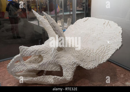 (190301) - Budapest, März 1, 2019 (Xinhua) - Dinosaurier Schädel aus Lego Steinen auf der Lego Stein Ausstellung zu sehen ist an der Ungarischen Natural History Museum in Budapest, Ungarn am 28.02.2019. Europas größte Lego Stein Ausstellung in Budapest Ungarisches Naturwissenschaftliches Museum eröffnet. Die Ausstellung zeigte lebensgroße Statuen von Lego Batman und seine berühmte Batmobil und das größte Flugzeug Remake des US-Präsidenten Air Force One unter vielen anderen Lego Kreationen. (Xinhua / Attila Volgyi) Stockfoto