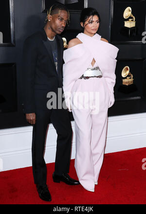 LOS ANGELES, Ca, USA - 10. Februar: Travis Scott und Kylie Jenner kommen an die 61. jährlichen Grammy Awards auf Staples Center am 10 Februar, 2019 in Los Angeles, Kalifornien, Vereinigte Staaten. (Foto von Xavier Collin/Image Press Agency) Stockfoto