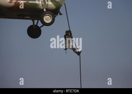 Kathmandu, Nepal. 1 Mär, 2019. Eine nepalesische Armee Soldat rappels unten von einer Armee des Strohhäckslers während des Grand Generalprobe für den bevorstehenden Armee Tag der Armee Pavillon in Kathmandu, Nepal am Freitag, März 01, 2019. Credit: Skanda Gautam/ZUMA Draht/Alamy leben Nachrichten Stockfoto