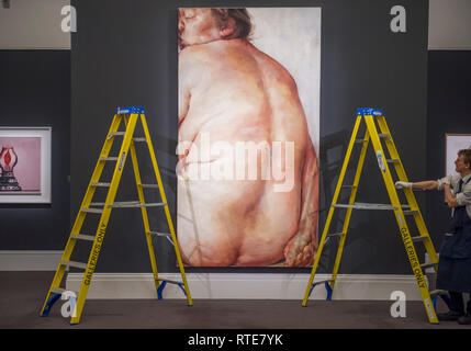 Sotheby's, New Bond Street, London, UK. 1 Mär, 2019. Jenny Saville Körper Positive Giantess 'Punkt' führt eine Öffnung von Arbeit durch wegweisende Künstlerinnen. Letzte an der Auktion für £ 457,250 jetzt bei £ 5,000,000-7, 000.000 geschätzten verkauft. Der Verkauf findet am 5. März 2019. Credit: Malcolm Park/Alamy leben Nachrichten Stockfoto