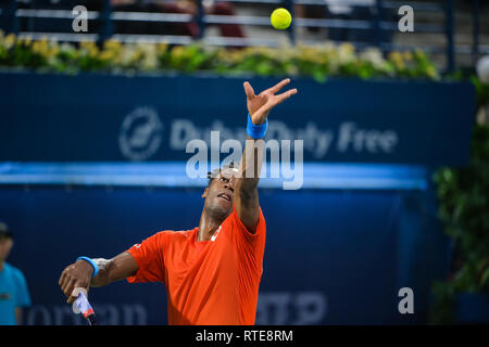 Dubai, VAE. 1. März 2019. Gael Monfils von Frankreich serviert in seinem Halbfinale gegen Stefanos Tsitsipas von Griechenland 2019 Dubai Duty Free Tennis Meisterschaften. Monfils verloren das Spiel 6-4, 6-7 (4-7), 6-7 (4-7) Credit: Feroz Khan/Alamy leben Nachrichten Stockfoto