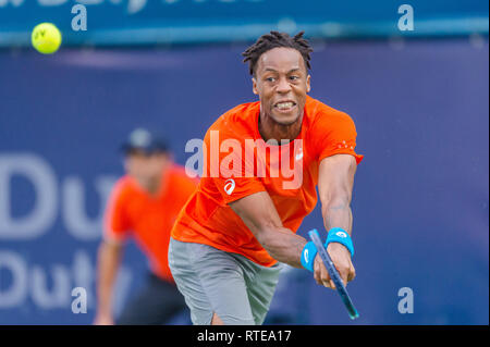 Dubai, VAE. 01. März, 2019. Gael Monfils von Frankreich im Halbfinale gegen Stefanos Tsitsipas von Griechenland während der Dubai Duty Free Tennis Meisterschaft am Dubai International Tennis Stadium, Dubai, UAE am 01. März 2019. Foto von Grant Winter. Credit: UK Sport Pics Ltd/Alamy leben Nachrichten Stockfoto