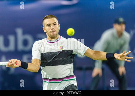 Dubai, VAE. 01. März, 2019. Borna Coric von Kroatien im Halbfinale gegen Roger Federer von der Schweiz während der Dubai Duty Free Tennis Meisterschaft am Dubai International Tennis Stadium, Dubai, UAE am 01. März 2019. Foto von Grant Winter. Credit: UK Sport Pics Ltd/Alamy leben Nachrichten Stockfoto