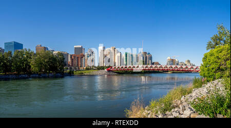 Die Brücke überspannt den Bow River in Calgary, Alberta. Die Fußgängerzone Peace Bridge wurde vom Stararchitekten Santiago Calatrava entworfen. Stockfoto