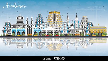 Indien Madurai Skyline der Stadt mit Gebäuden, blauer Himmel und Reflexionen. Vector Illustration. Business Travel und Konzept mit historischer Architektur Stock Vektor