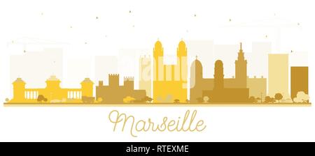 Marseille Frankreich Skyline der Stadt Silhouette mit goldenen Gebäude. Vector Illustration. Einfache flache Konzept für Tourismus Präsentation, Plakat. Stock Vektor