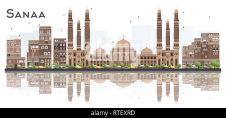 Sanaa Jemen Skyline der Stadt mit Gebäuden und Reflexionen isoliert auf weißem Hintergrund. Vector Illustration. Stock Vektor