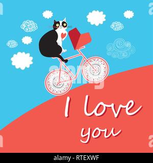 Helle farbe Grußkarten zum Valentinstag mit einer Katze in der Liebe auf einem Fahrrad und einem Herzen Stock Vektor