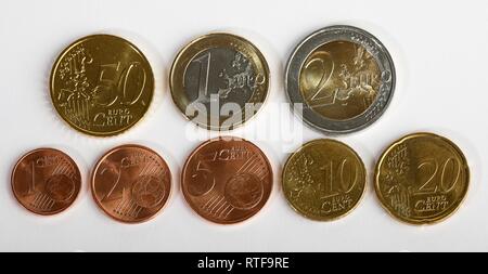 Euro- und Cent-Münzen, 1 Cent, 2 Cent, 5 Cent, 10 Cent, 20 Cent, 50 Cent, 1 Euro, 2 Euro Münzen, Deutschland