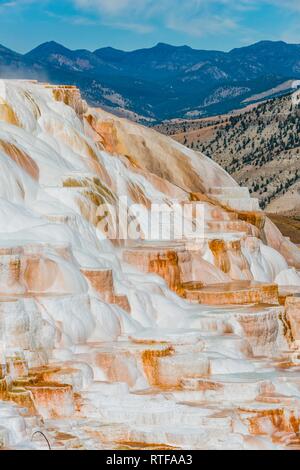 Sinter Terrassen mit Kalkhaltigen tuff Einlagen, Hot Springs, farbenfrohe Mineralablagerungen, Palette Federn, unteren Terrassen Stockfoto