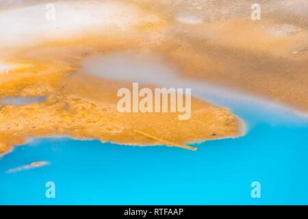 Abstrakte detail, Hot Springs, farbenfrohe Mineralablagerungen in Porzellan Waschbecken, Noris Geyser Basin, Yellowstone National Park Stockfoto