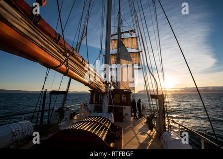 Segelschiff Schoner Antigua Segel im Abendlicht in Isfjorden, Spitzbergen, Svalbard, Norwegen Stockfoto